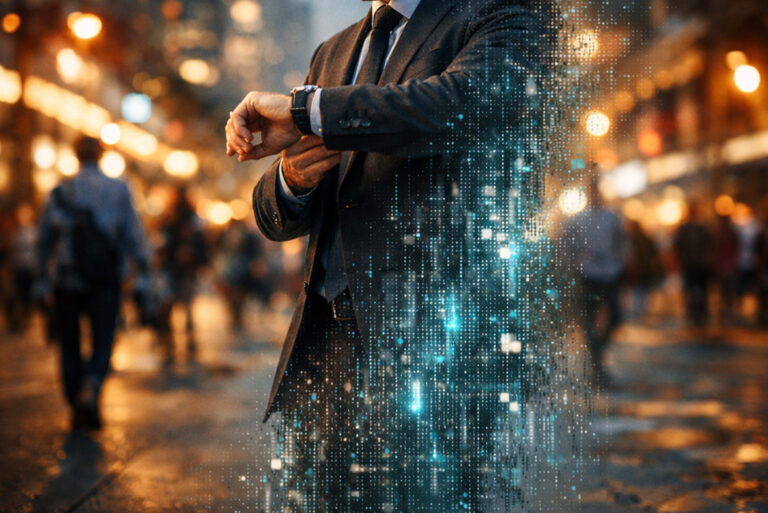 Business disappearing into digital code representing lack of online presence