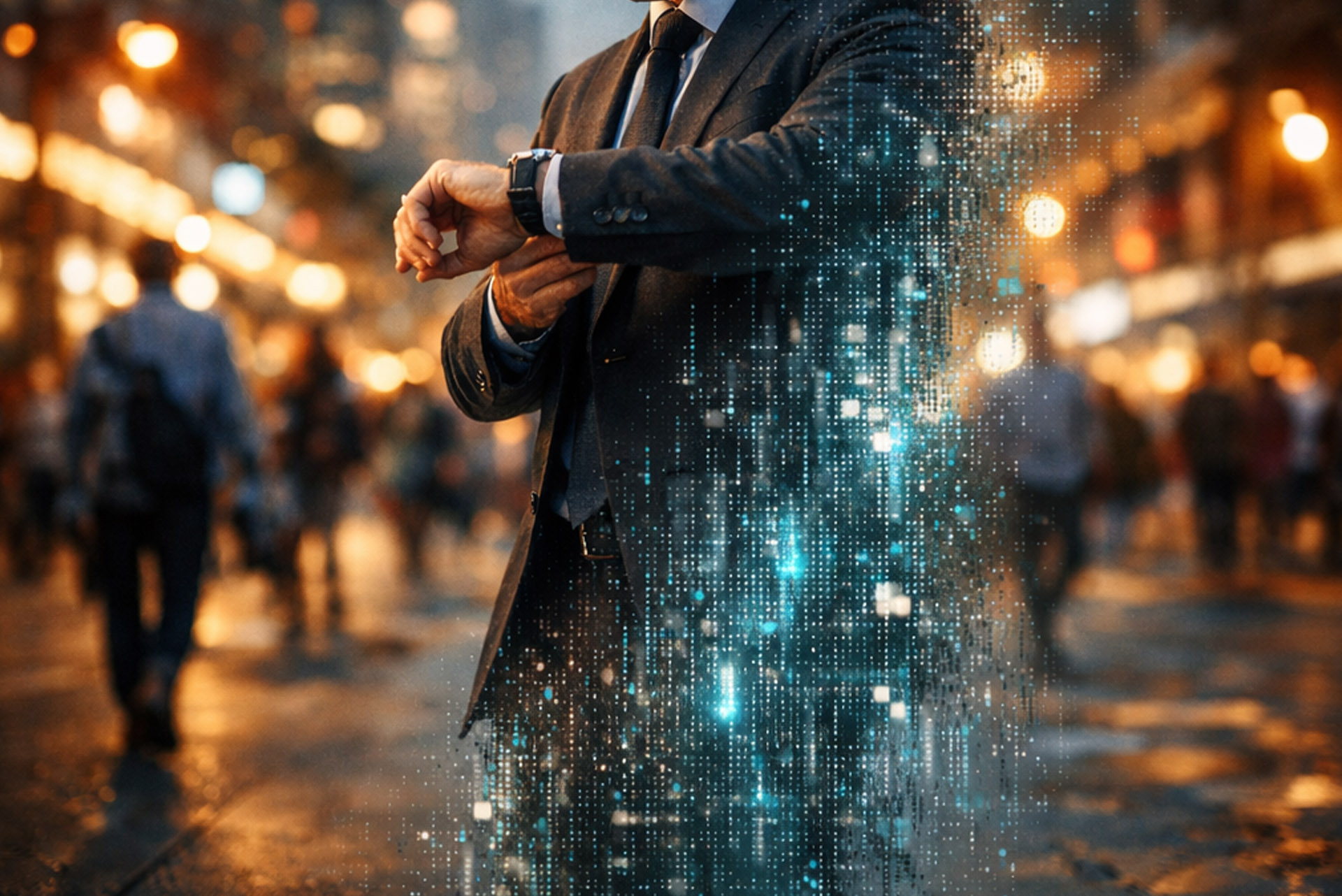 Business disappearing into digital code representing lack of online presence